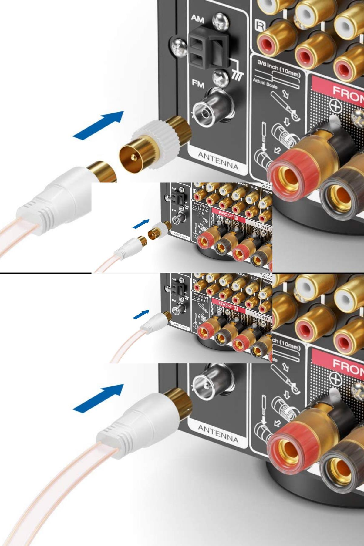 Beyaz bir kablo bir alıcının ANTENNA bağlantı noktasına bağlanıyor.