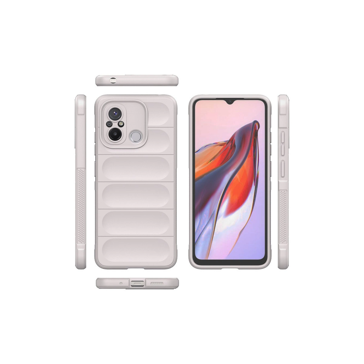 Yatay çıkıntılı, açık gri telefon kılıfı, çeşitli açılardan gösteriliyor.