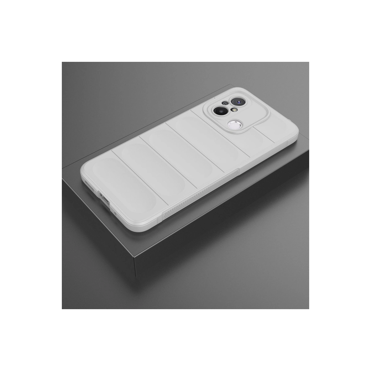 Kanallı desenli beyaz telefon kılıfı gri yüzeyde duruyor.