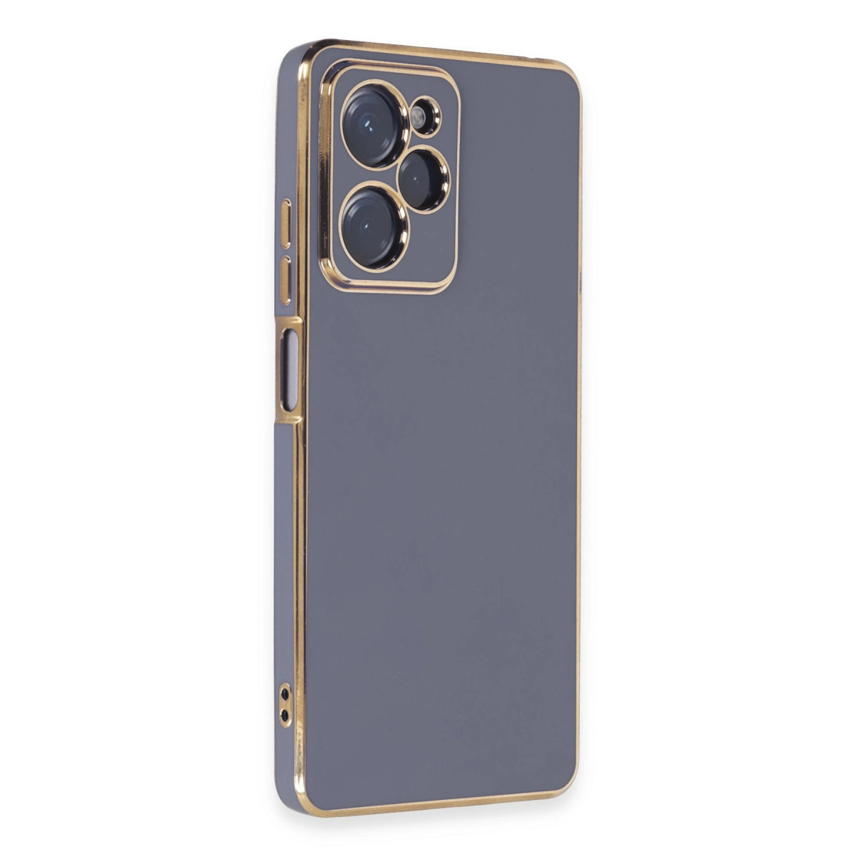 Altın kenarlı ve kamera kesimli gri telefon kılıfı.