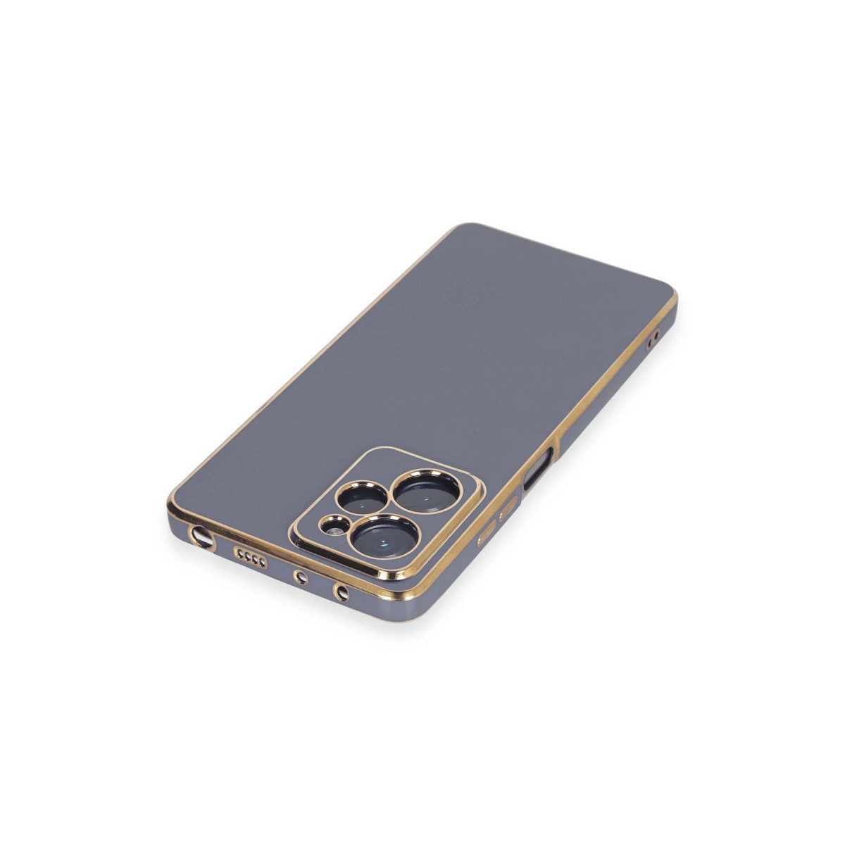 Altın kenarlı ve kamera kesimli gri telefon kılıfı.