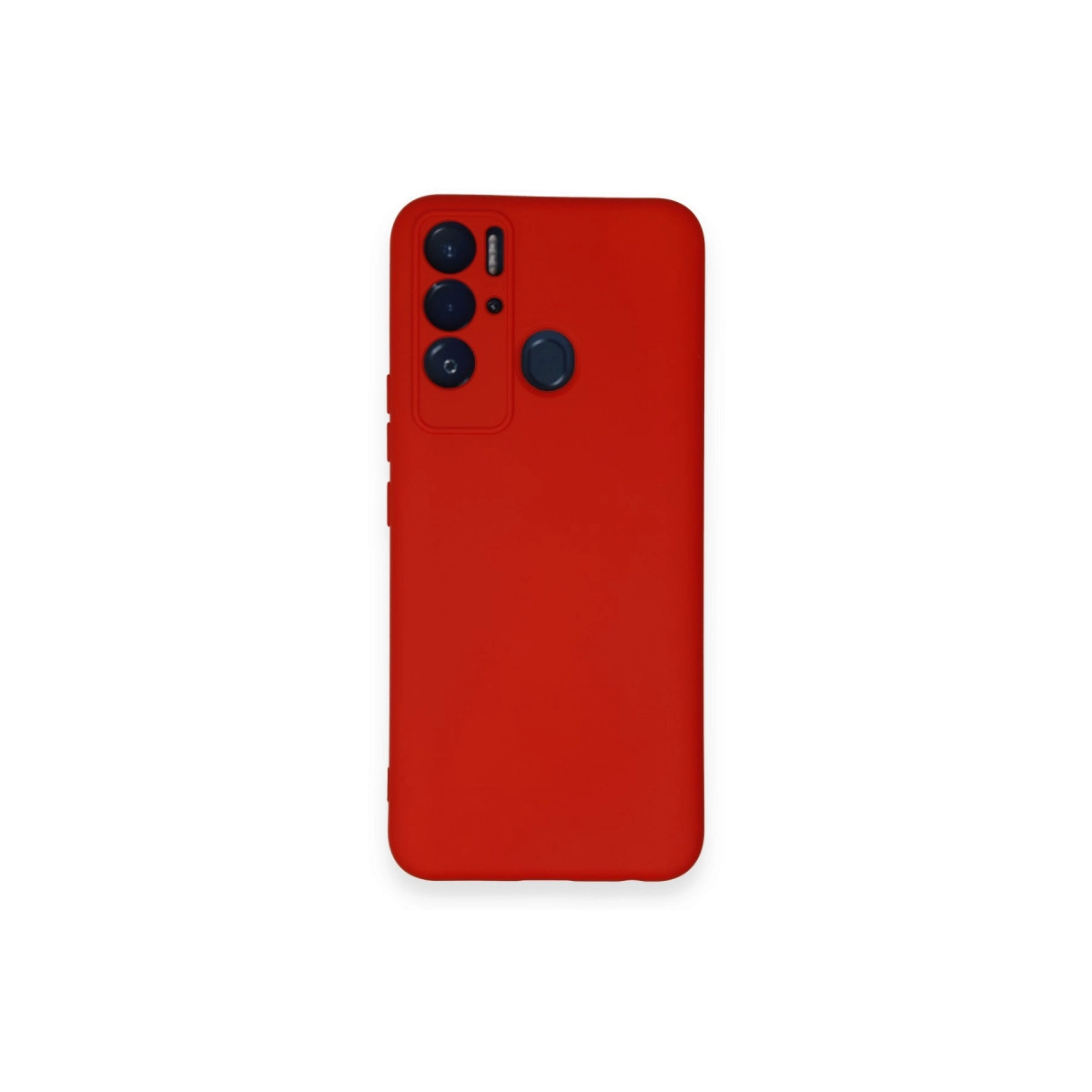 Kamera lensleri ve flaşlı kırmızı telefon kılıfı sol üstte.