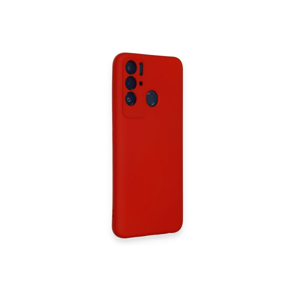 Üç kamera lensli ve parmak izi sensörlü kırmızı telefon kılıfı.
