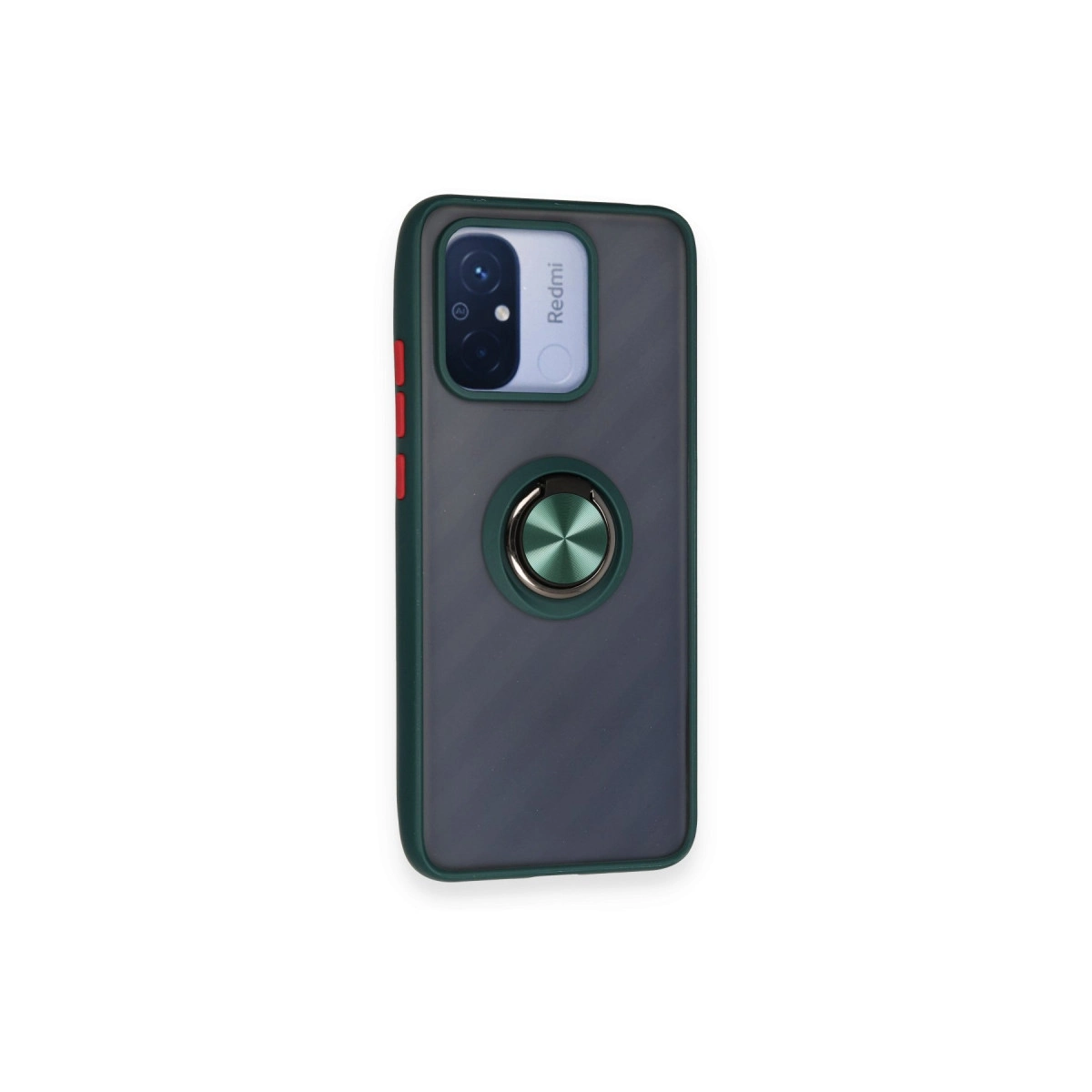Yeşil çerçeveli, halka tutuculu ve kırmızı düğmeli koyu gri telefon kılıfı.