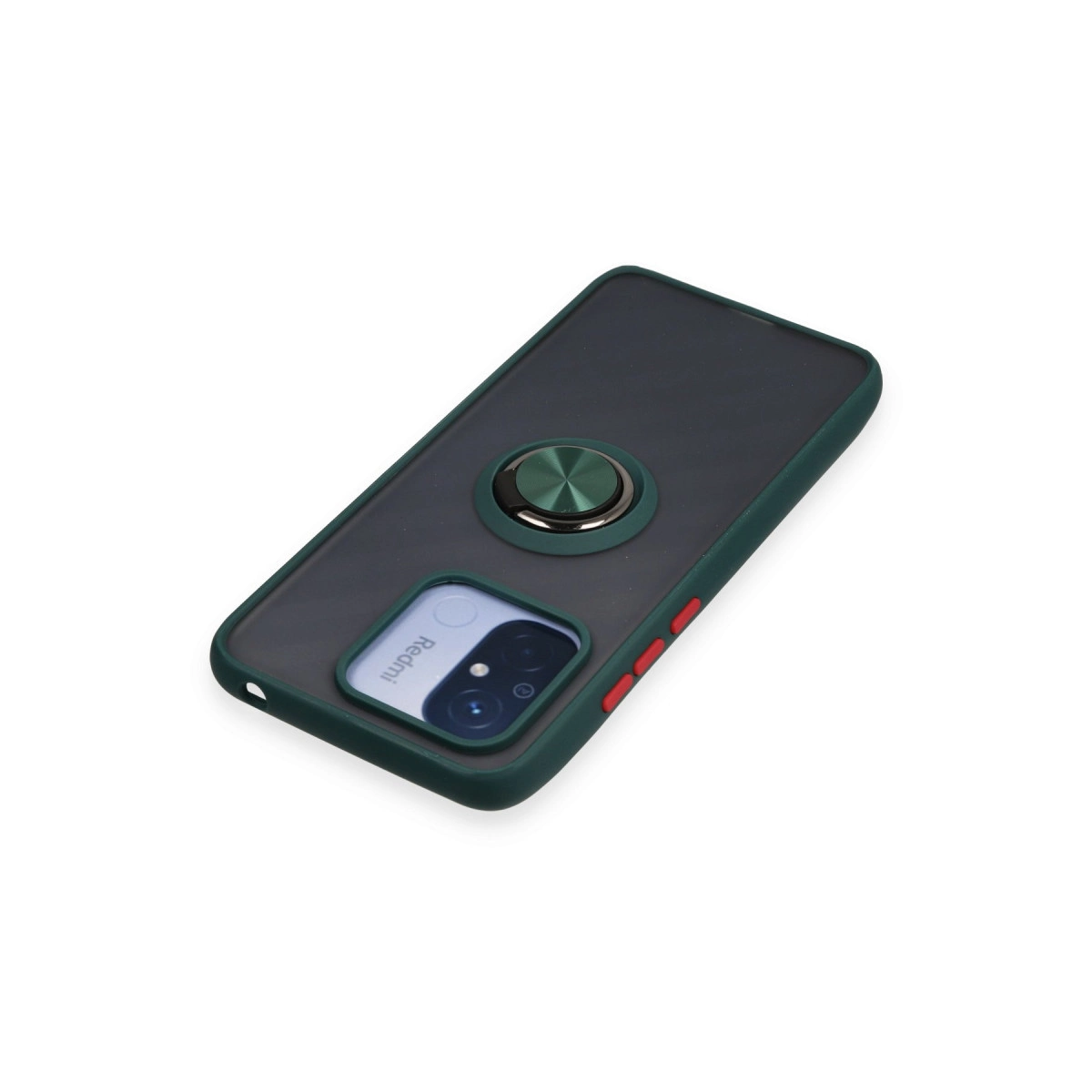 Halka tutuculu ve kırmızı düğmeli koyu yeşil telefon kılıfı.