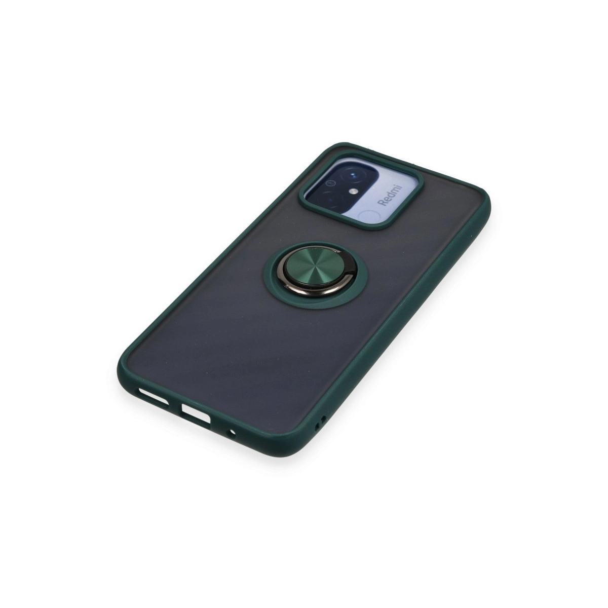 Yeşil kenarlı ve yeşil halka tutuculu koyu gri telefon kılıfı.