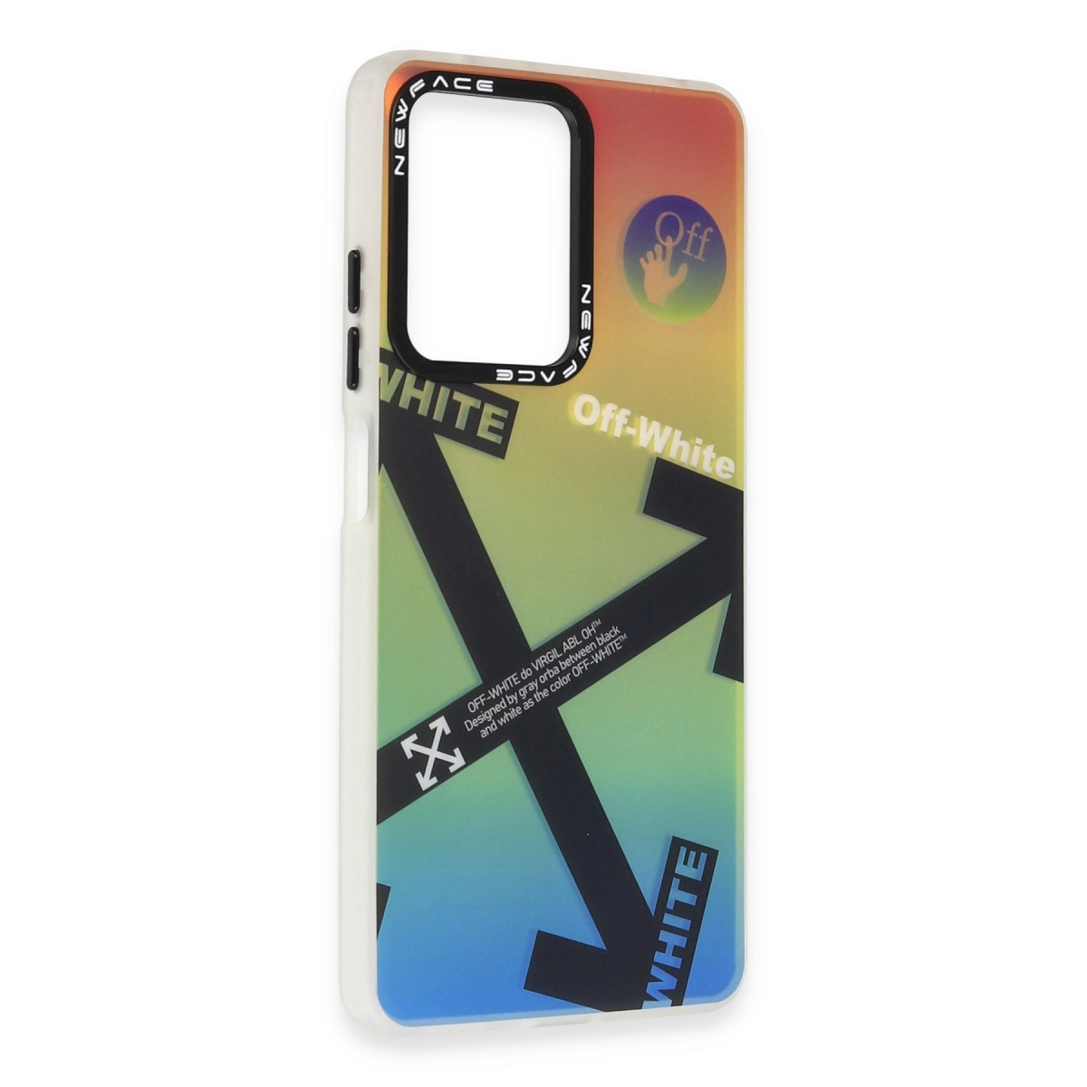 Siyah oklar ve Off-White logolu renkli telefon kılıfı.