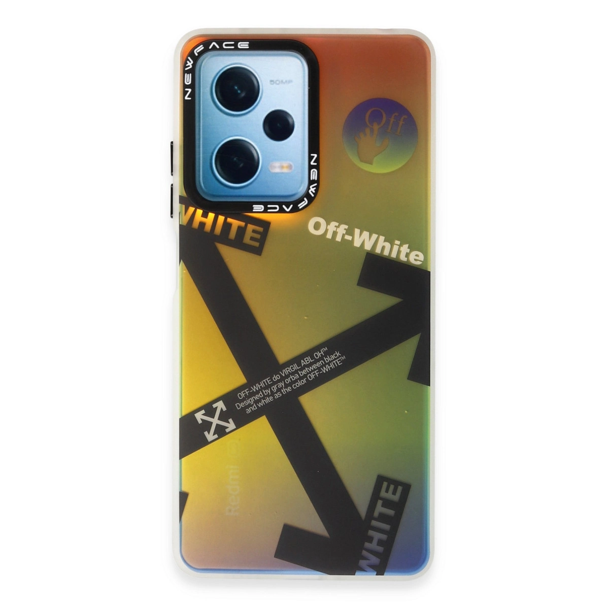 Off-White tasarımlı bir akıllı telefon. Sarı-turuncu degrade arka plan. Siyah oklar.