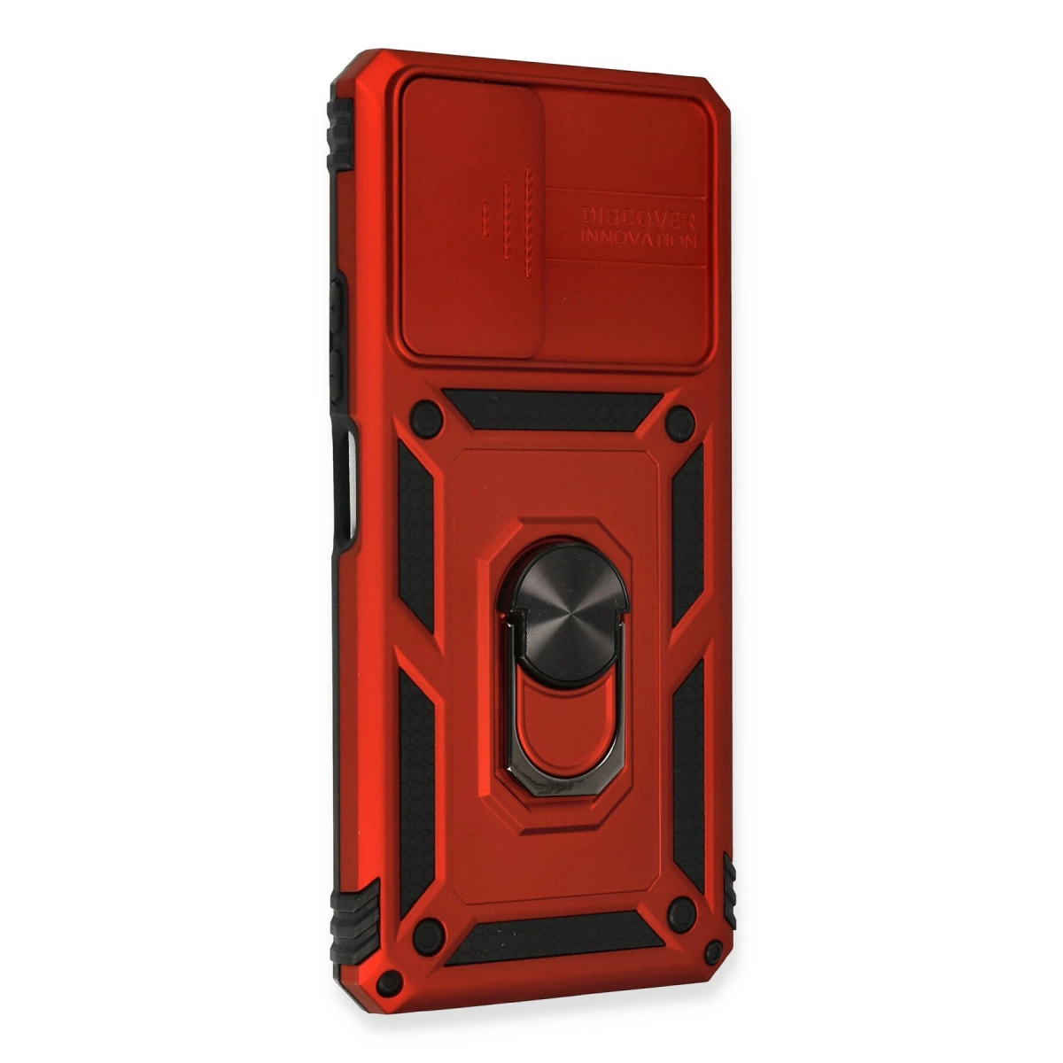 Kamera için kayar kapaklı ve halka tutuculu kırmızı telefon kılıfı.