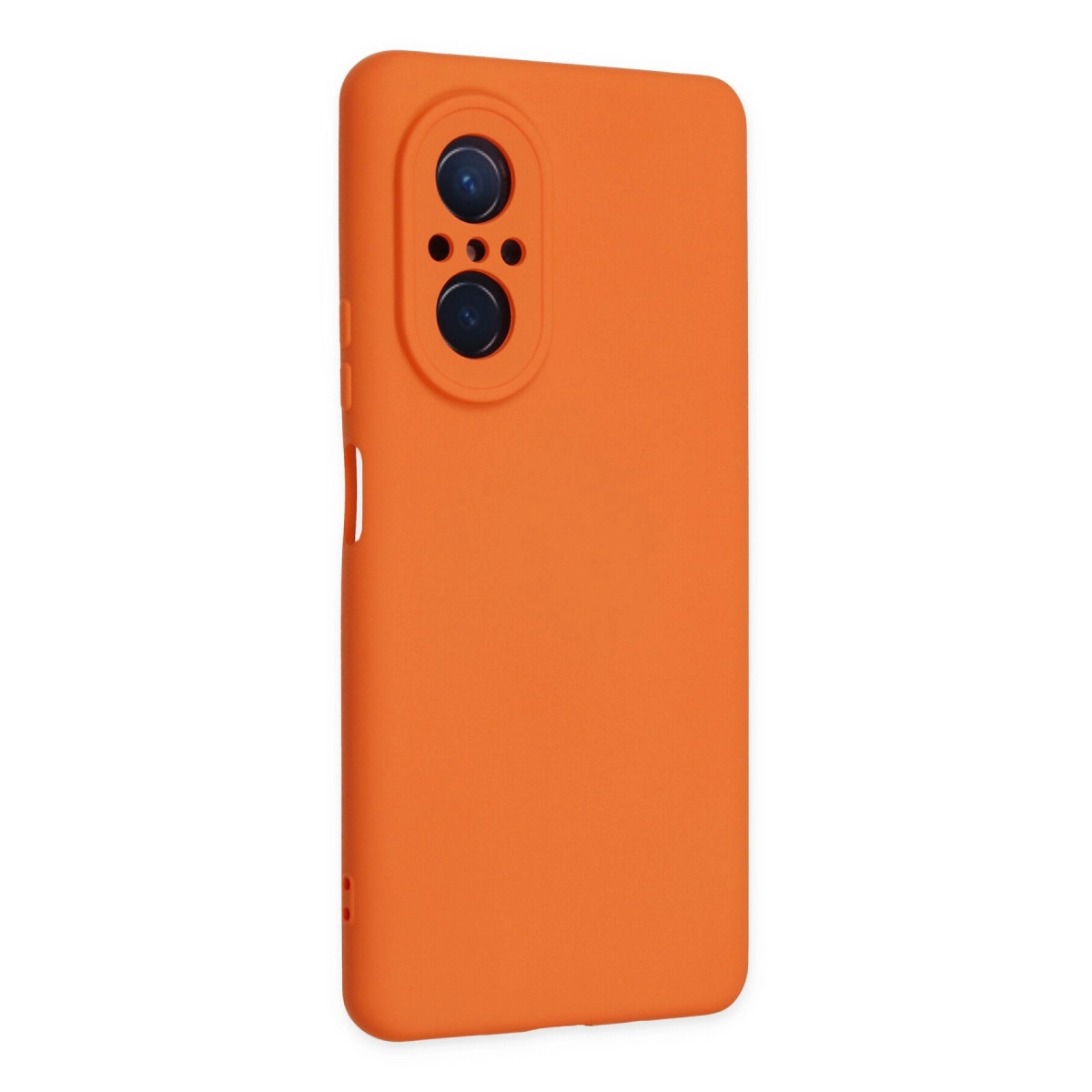 Arkada kamera modülü bulunan turuncu renkli telefon kılıfı.