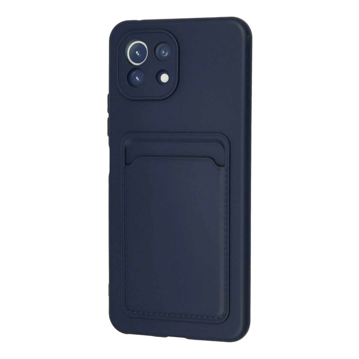 Kart yuvalı lacivert telefon kılıfı ve kamera modülü.