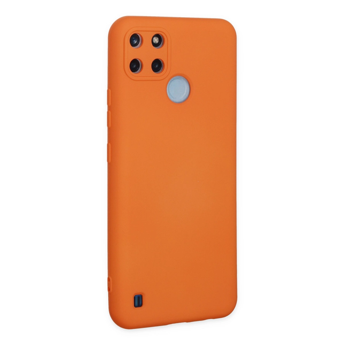Kare kamera çıkıntılı ve açık mavi düğmeli turuncu telefon kılıfı.