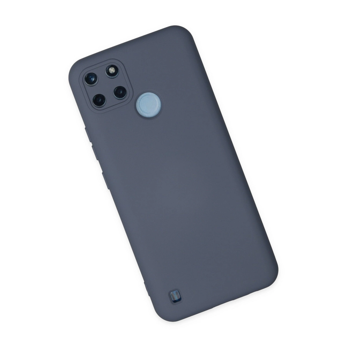Dört kameralı, açık mavi parmak izi sensörlü koyu gri telefon kılıfı.