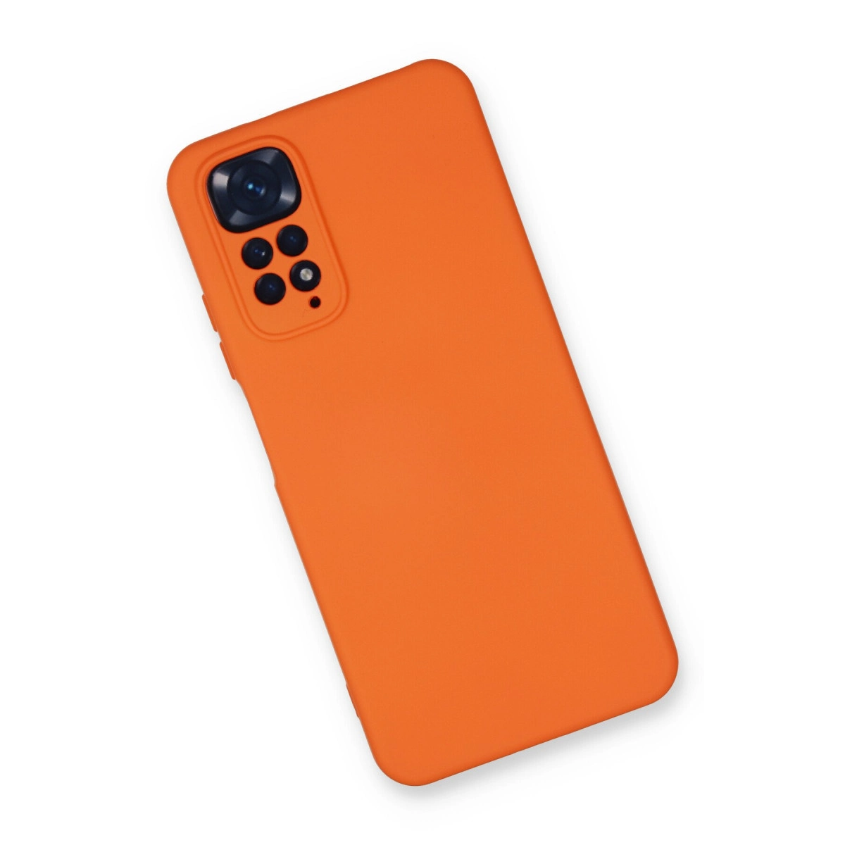 Dört lensli kamera modülüne sahip turuncu telefon kılıfı.