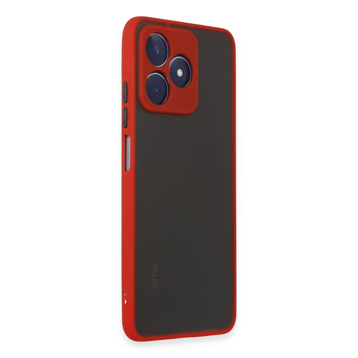 Üç lensli kırmızı kamera çıkıntısı ve kırmızı kenarlıklı siyah telefon kılıfı.