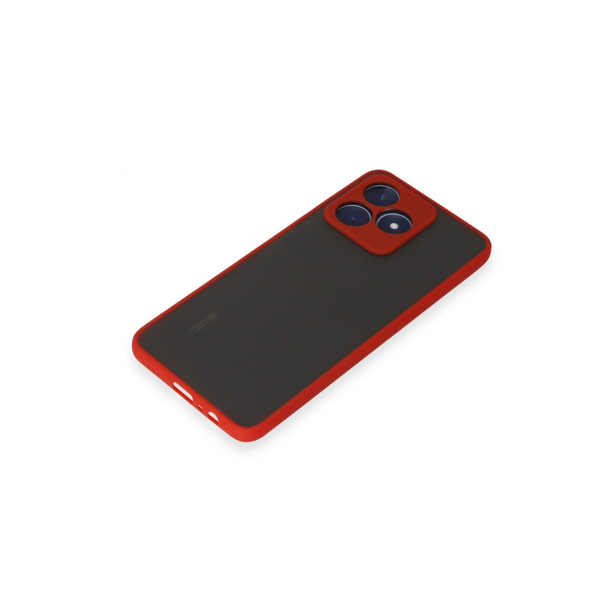 Kırmızı kenarlı ve kamera lens çevreli siyah telefon kılıfı.