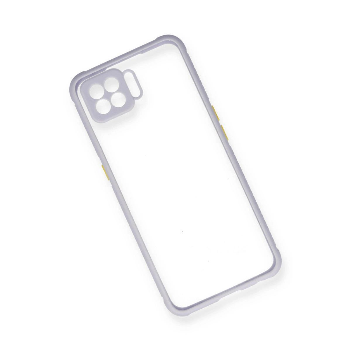 Dört lens kesimli, mor kenarlı şeffaf telefon kılıfı.