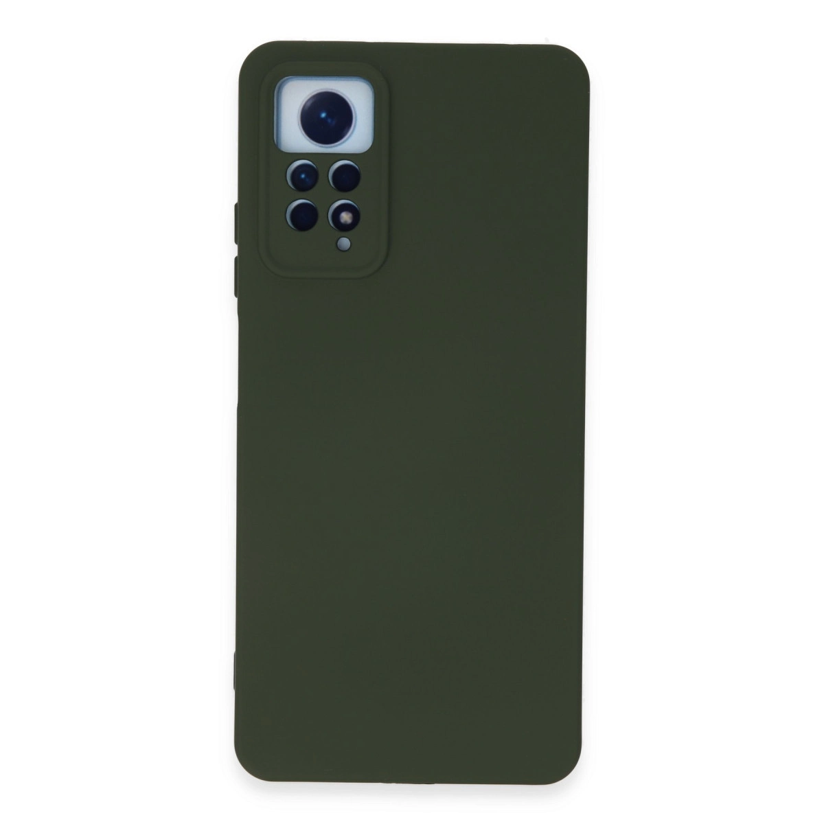 Beş lensli kamera modülüne sahip koyu yeşil telefon kılıfı, beyaz arka plan.
