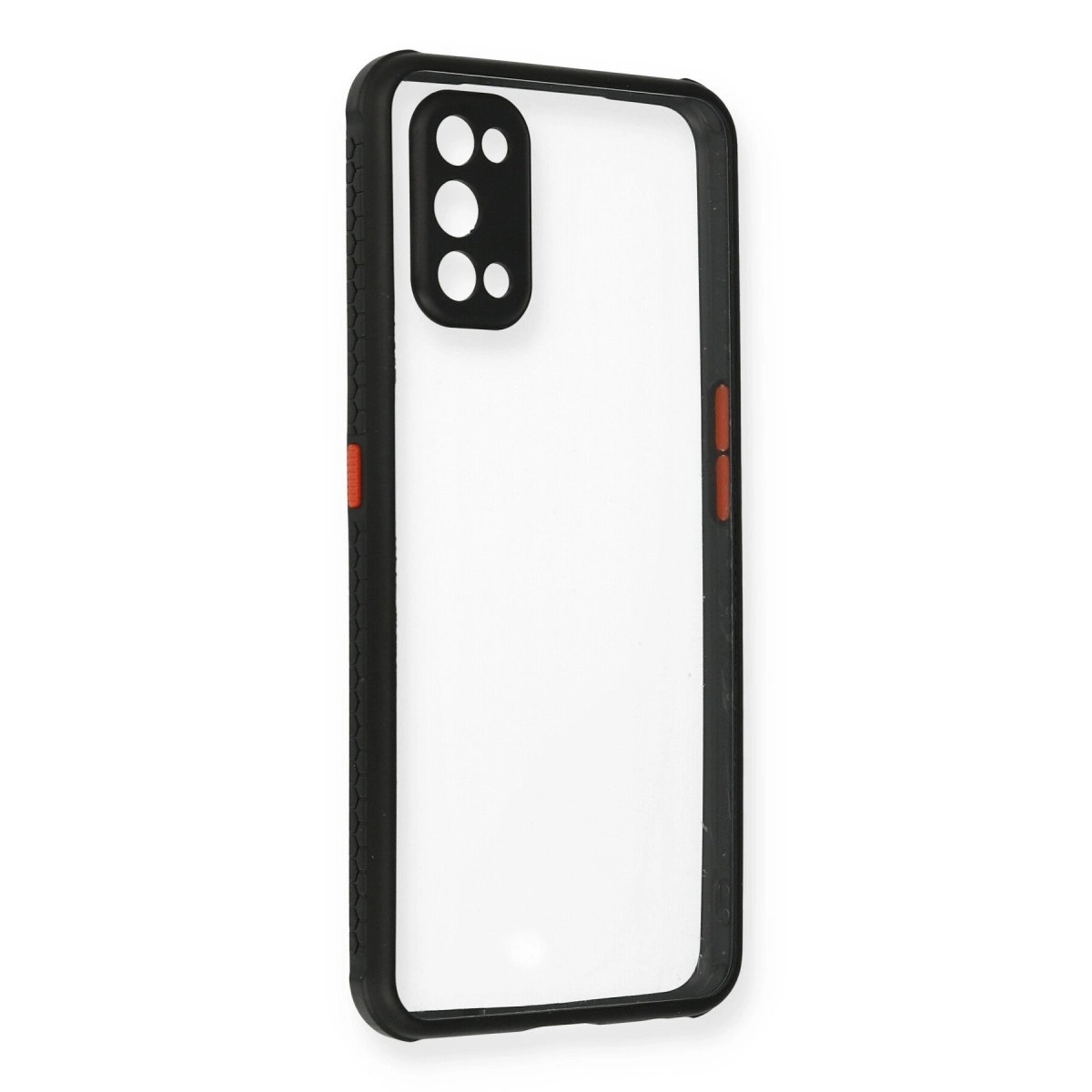 Şeffaf arka ve kamera kesimli siyah telefon kılıfı.