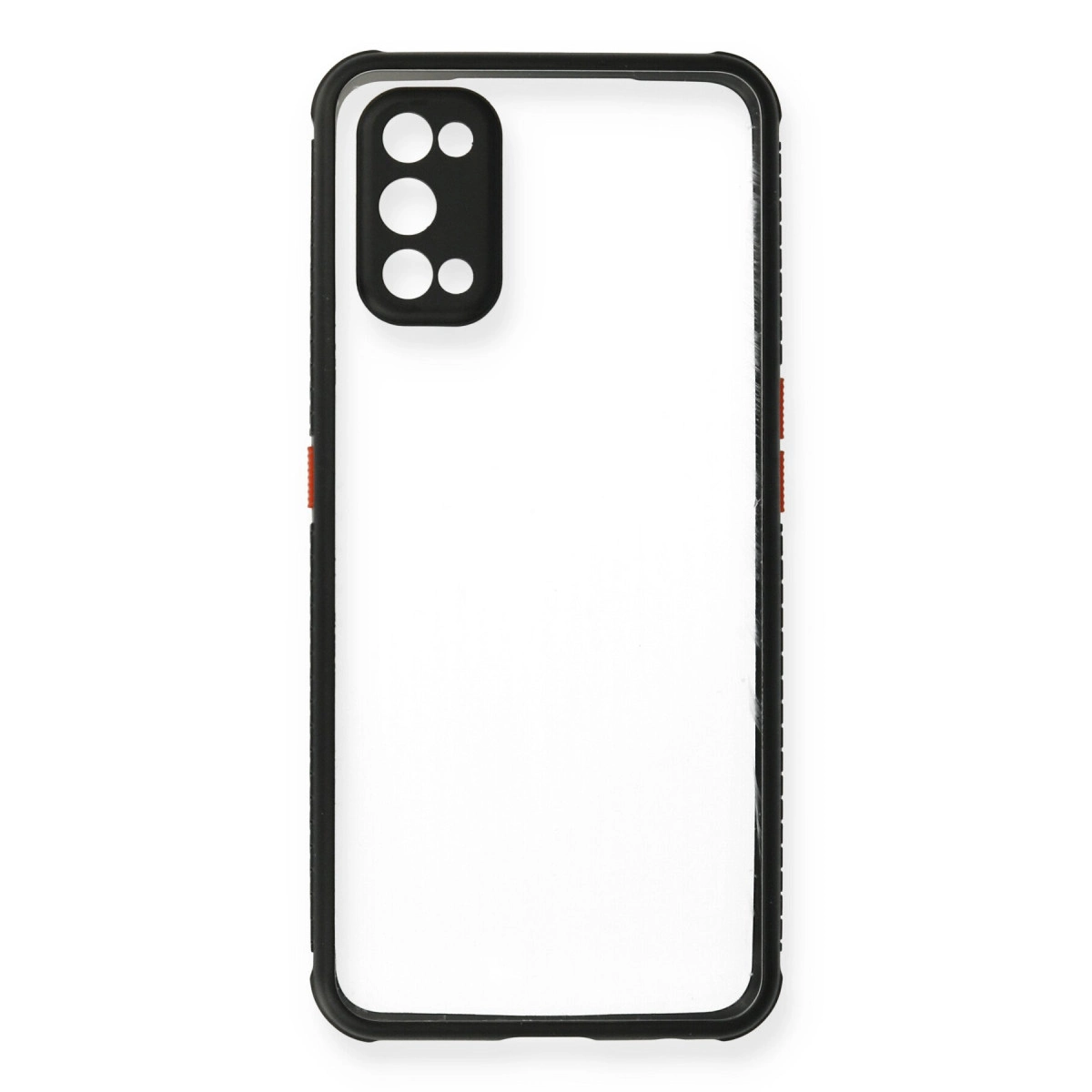 Kamera modüllü ve kırmızı vurgulu siyah akıllı telefon kılıfı.