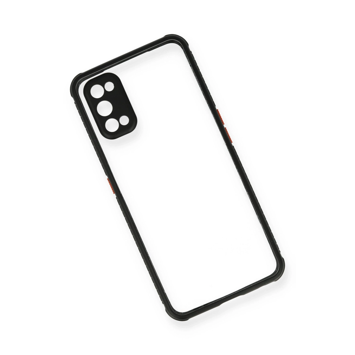Siyah çerçeveli ve kamera boşluklu şeffaf telefon kılıfı.