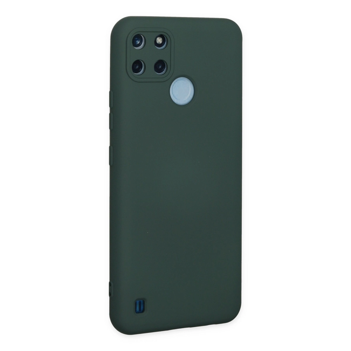 Dört kameralı ve yuvarlak düğmeli koyu yeşil telefon kılıfı.