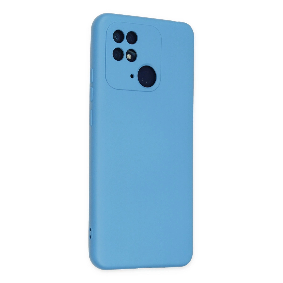 Yan düğmeli ve kamera kesimli mavi telefon kılıfı.