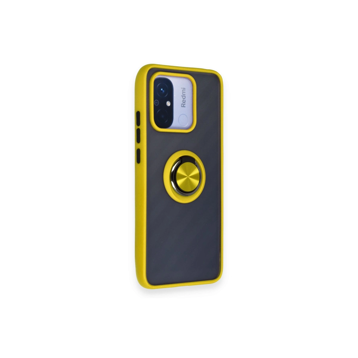Gümüş halka tutuculu, sarı kenarlıklı koyu gri telefon kılıfı.