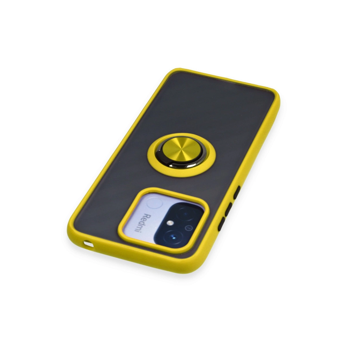 Sarı kenarlı ve altın halka tutuculu siyah telefon kılıfı.