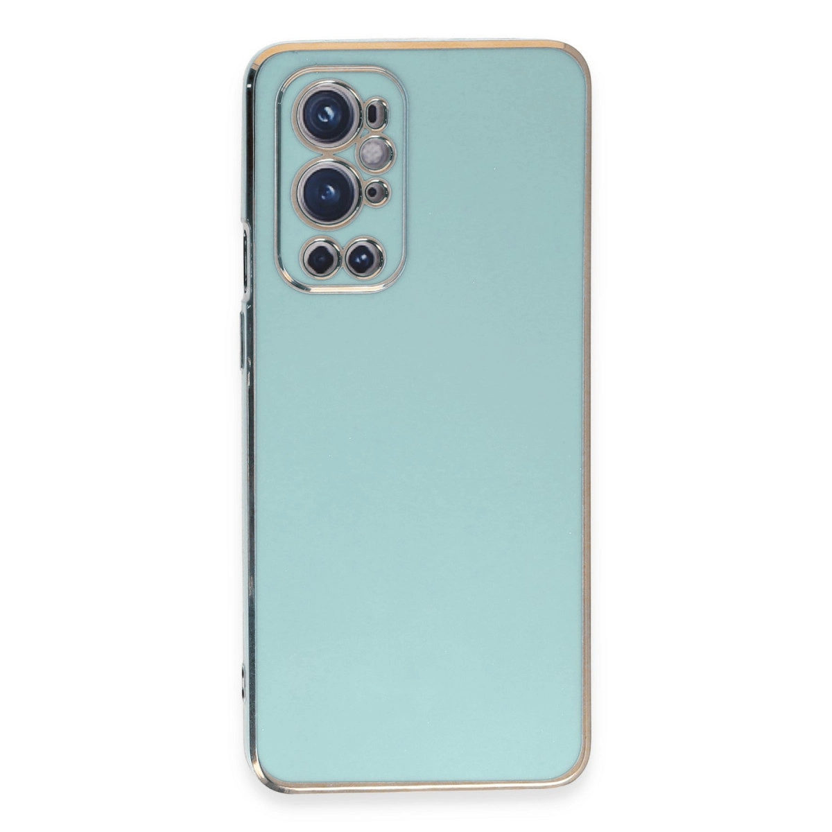 Altın çerçeveli, açık yeşil telefon ve kamera lens kümesi.