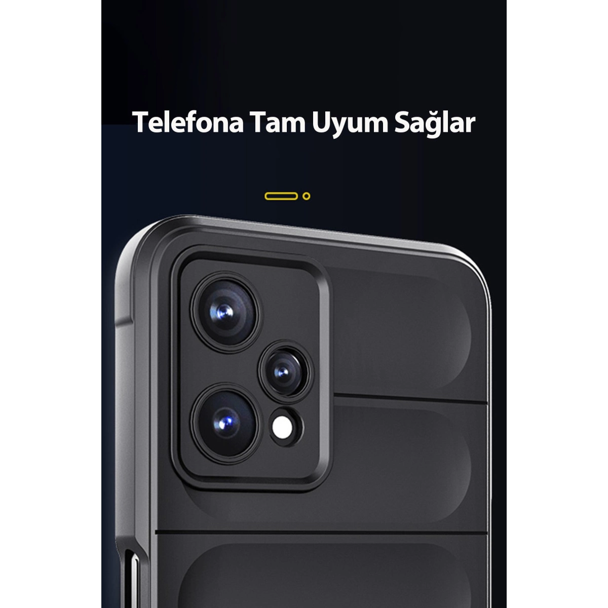 Kamera modülünü gösteren siyah telefon kılıfının yakın çekimi.