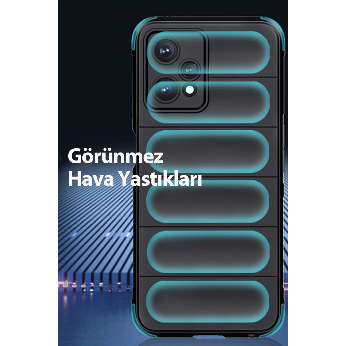 Mavi hava yastığı vurgulu ve kamera lensli siyah telefon kılıfı.