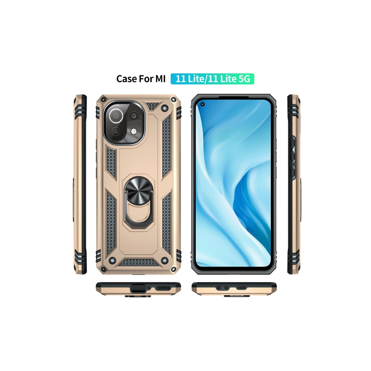 Halka tutuculu altın rengi telefon kılıfı, ön, arka ve yan görünümler.