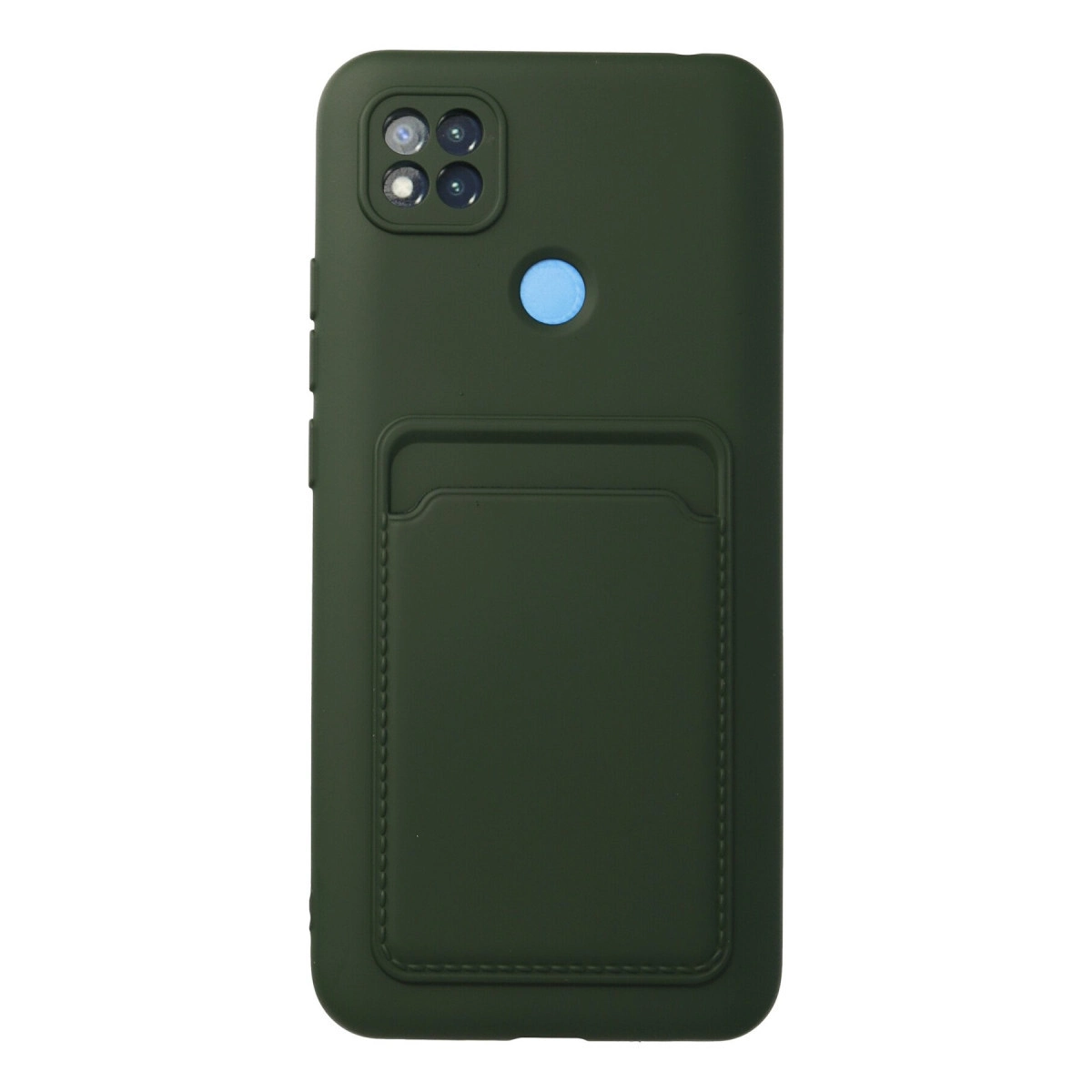 Koyu yeşil telefon kılıfı kart yuvalı ve dörtlü kamera kesimli.