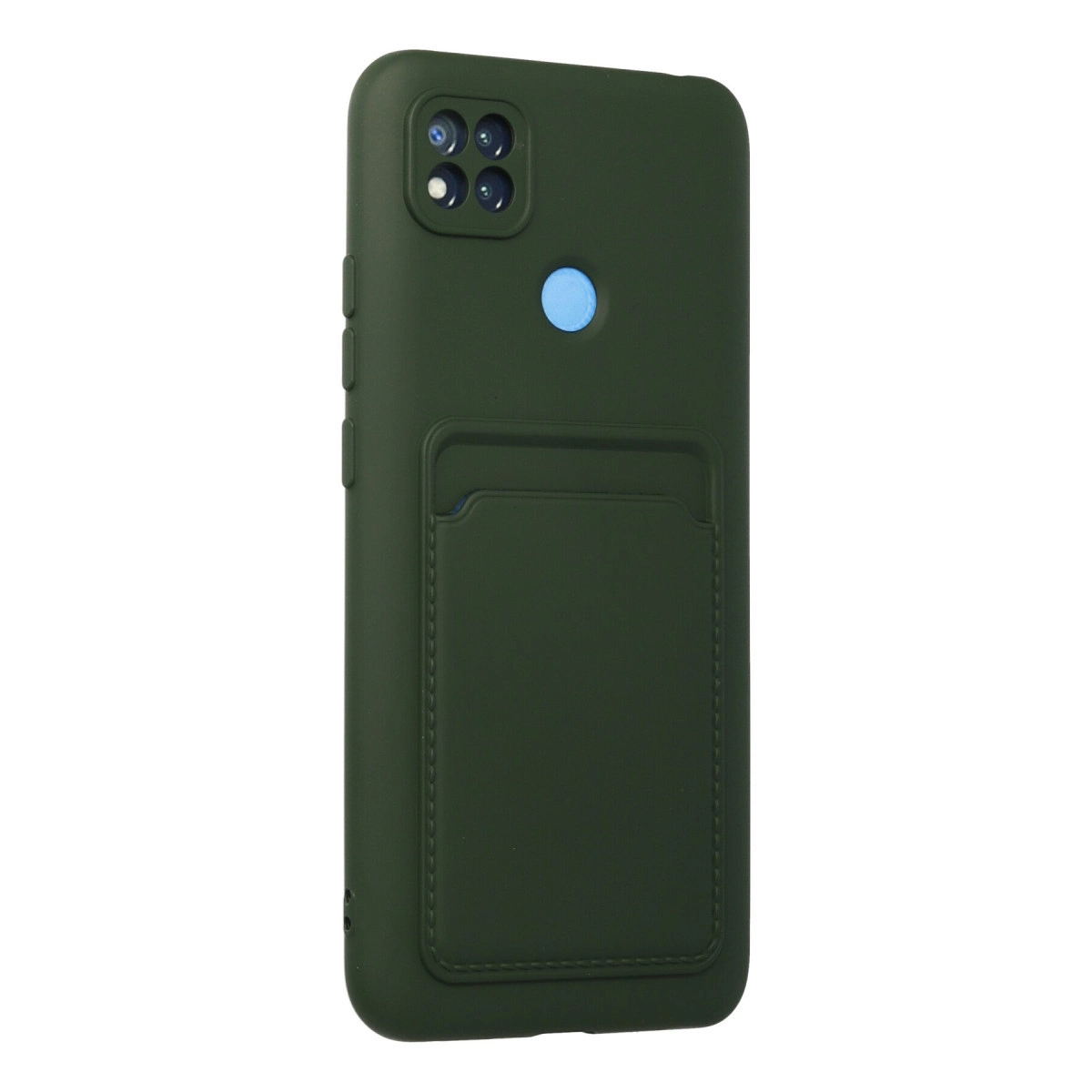 Koyu yeşil telefon kılıfı, kart yuvalı ve dörtlü kamera lensli.