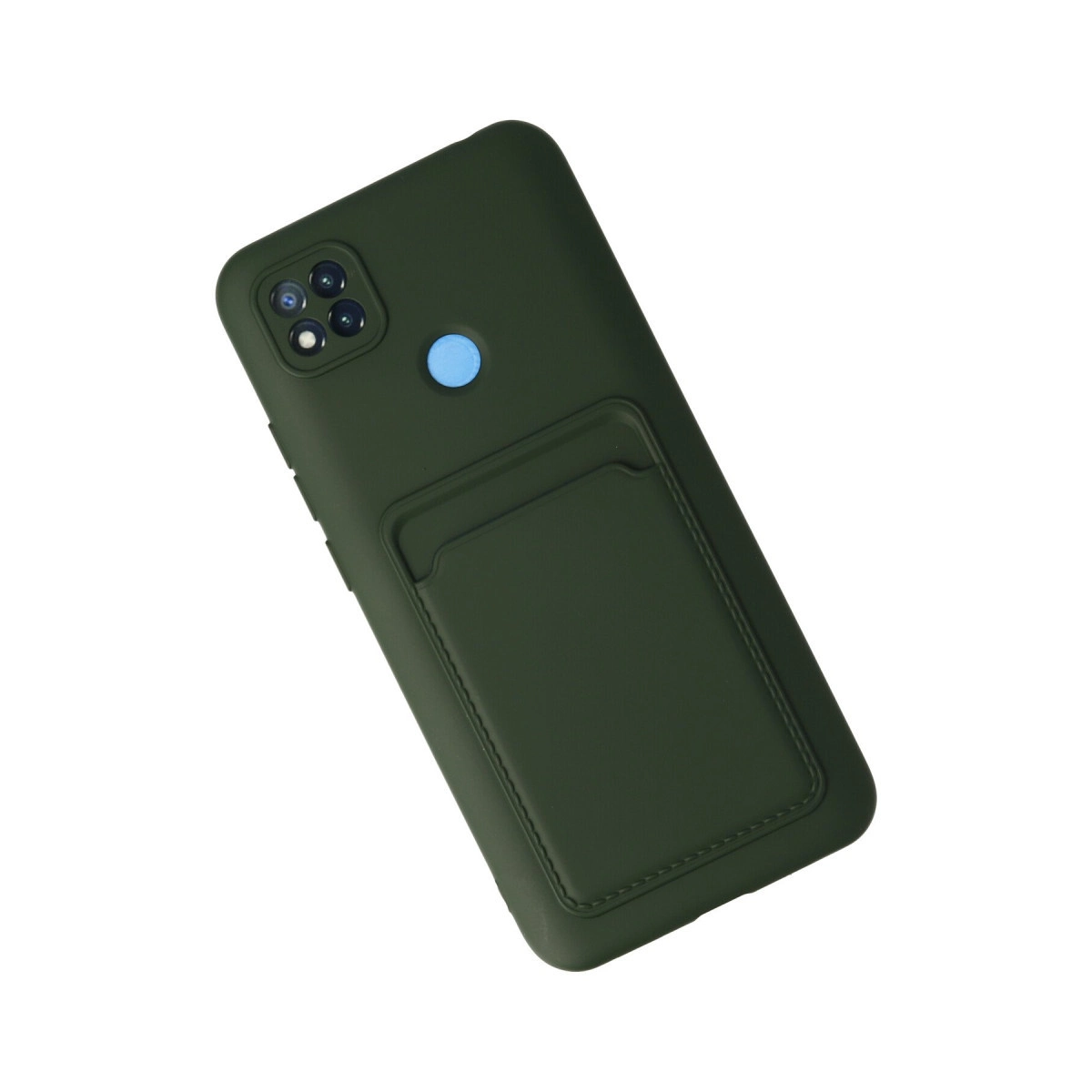 Kart yuvalı ve mavi düğmeli koyu yeşil telefon kılıfı.