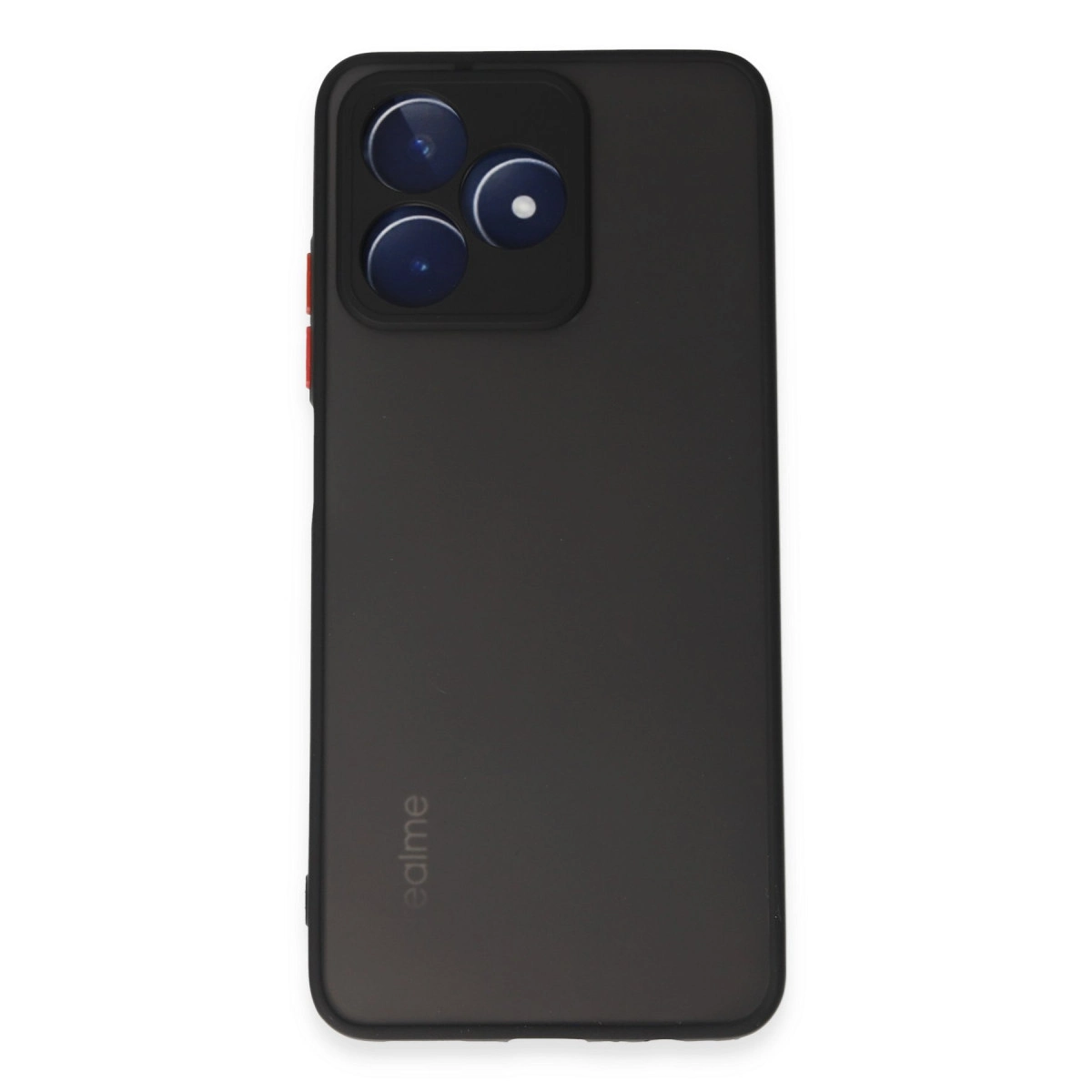 Üçlü kamera ve kırmızı düğmeli siyah telefon kılıfı.