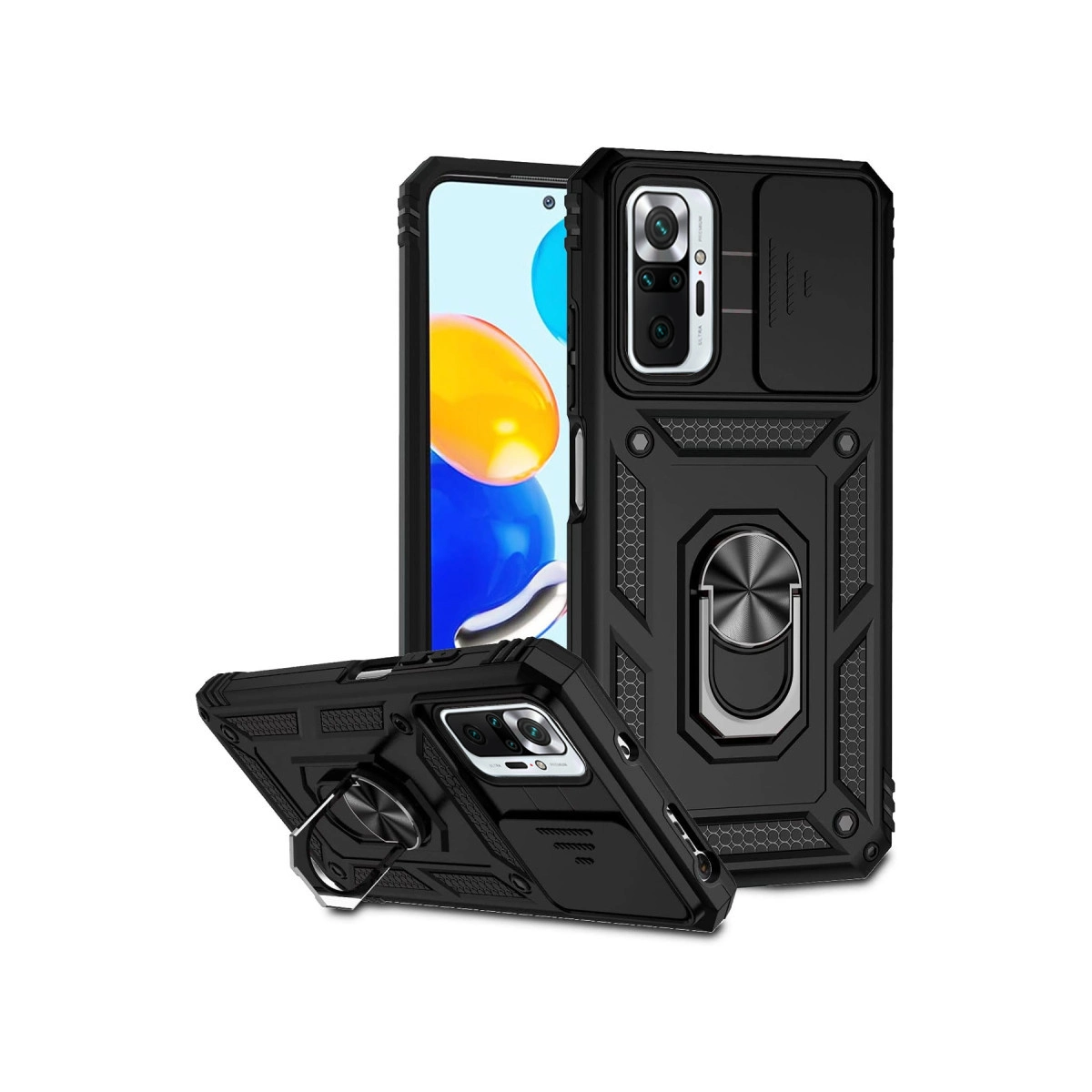 Akıllı telefon önünde halka tutuculu ve kamera kapaklı siyah telefon kılıfı.