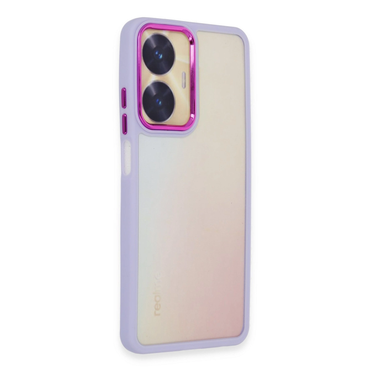 Pembe çerçeveli, iki kamera lensli, degrade renkli mor telefon kılıfı.