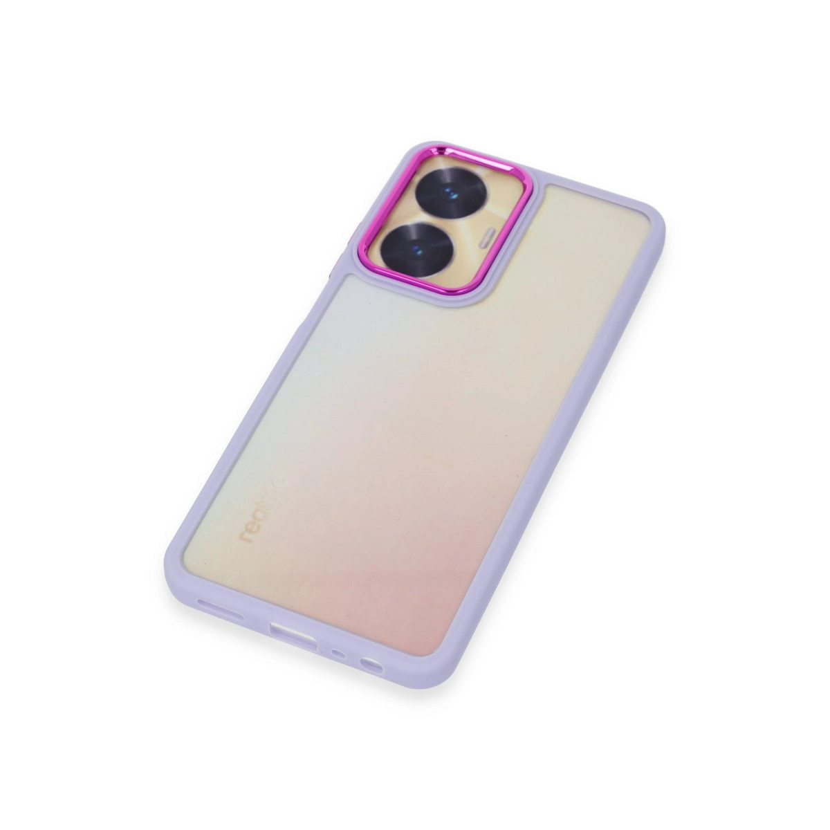 Mor telefon kılıfı, degrade renkli ve pembe kamera çerçeveli. Beyaz arka plan.
