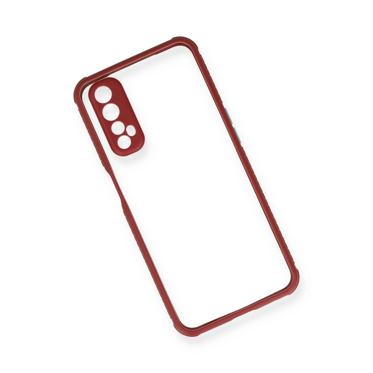Kırmızı kenarlı şeffaf telefon kılıfı ve kamera kesiği.