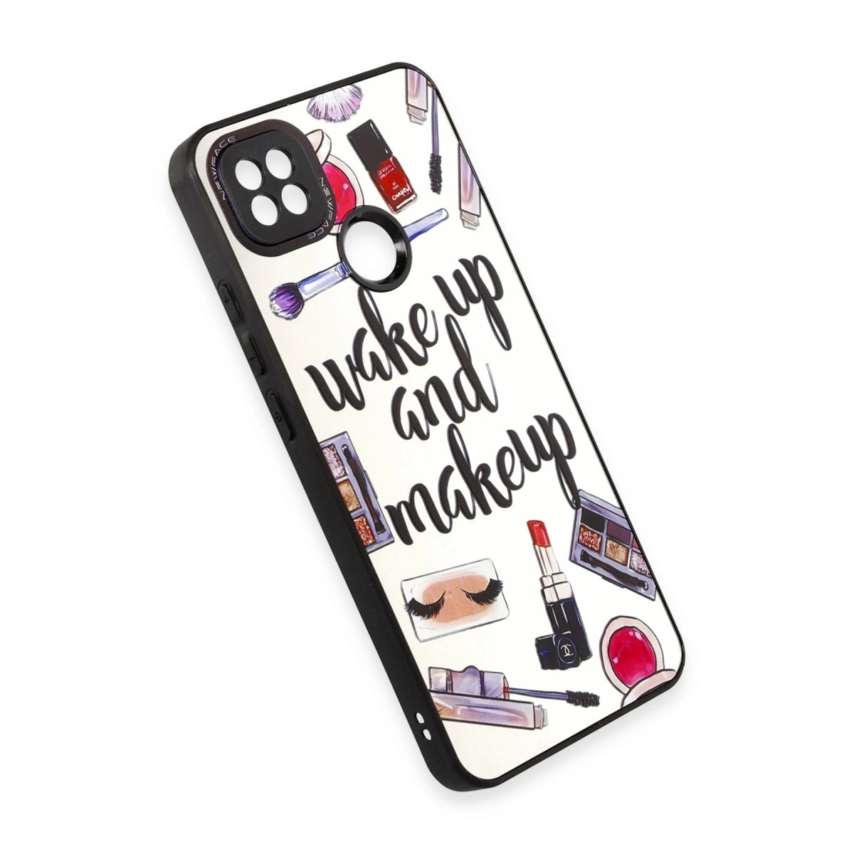Telefon kılıfı, "wake up and makeup" yazısı ve makyaj desenleri.