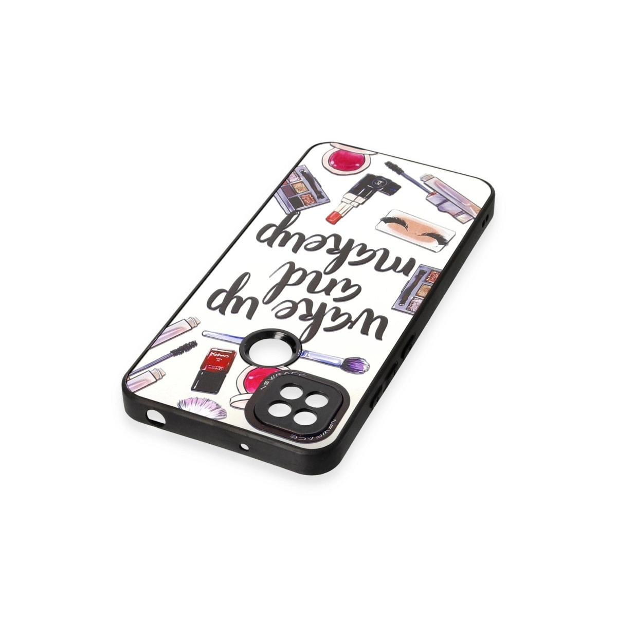 Üzerinde "Wake up and makeup" yazısı ve kozmetik çizimleri olan telefon kılıfı.