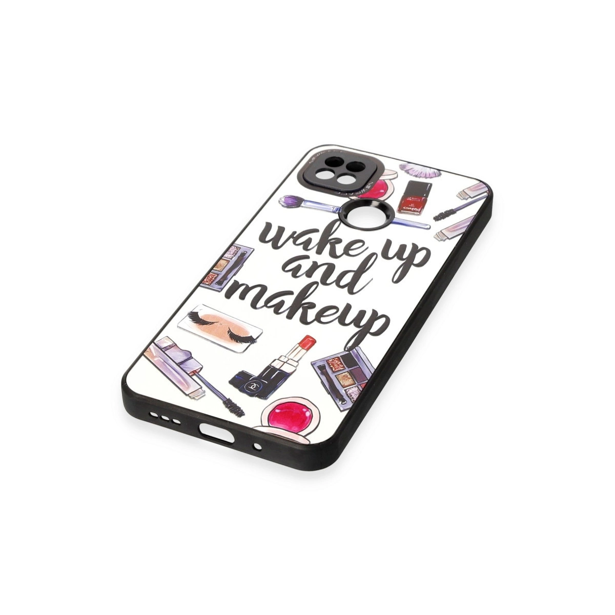 Makyaj illüstrasyonlu ve "wake up and makeup" yazılı telefon kılıfı.