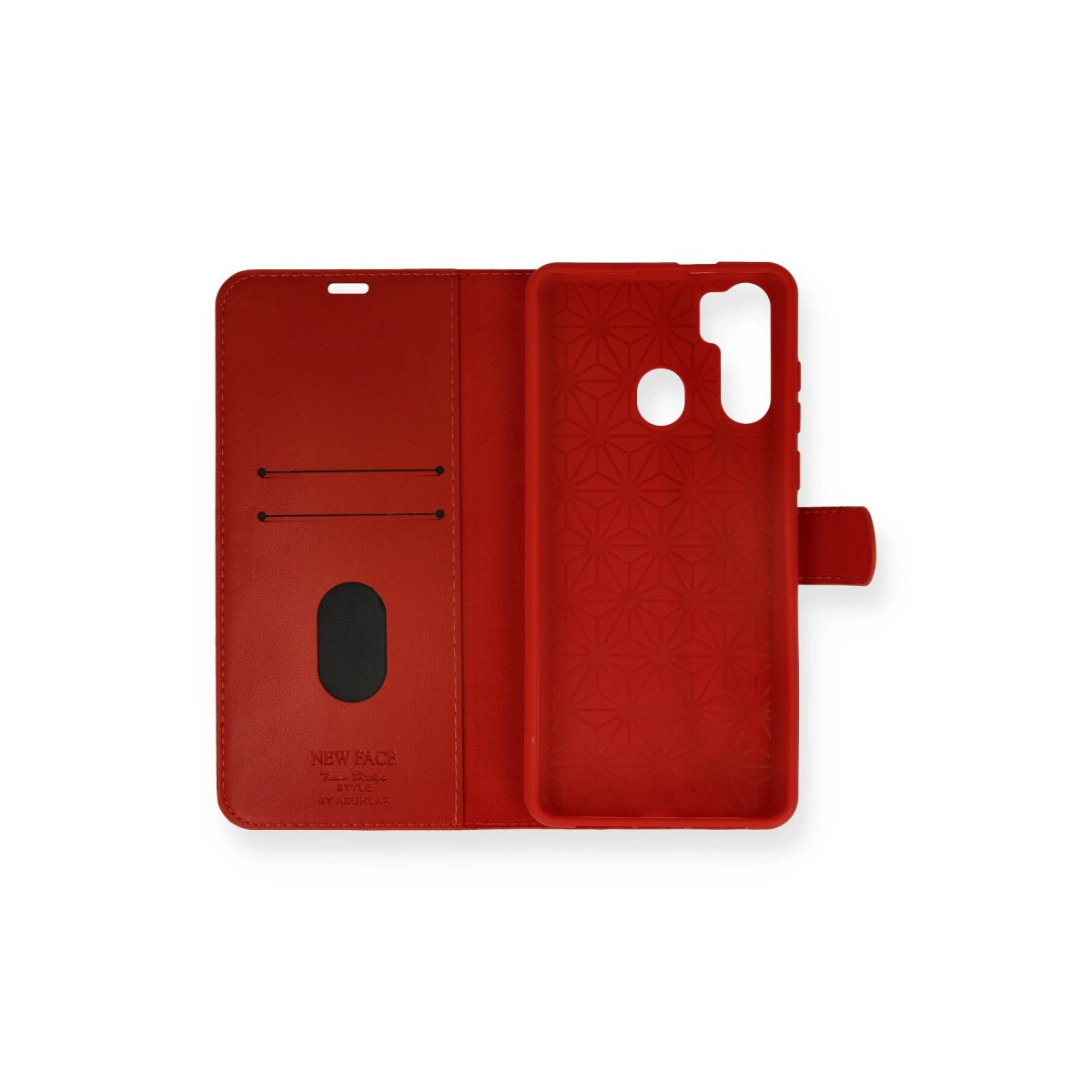 Kart yuvalı ve tutuculu kırmızı deri telefon kılıfı. Açık görünüm.
