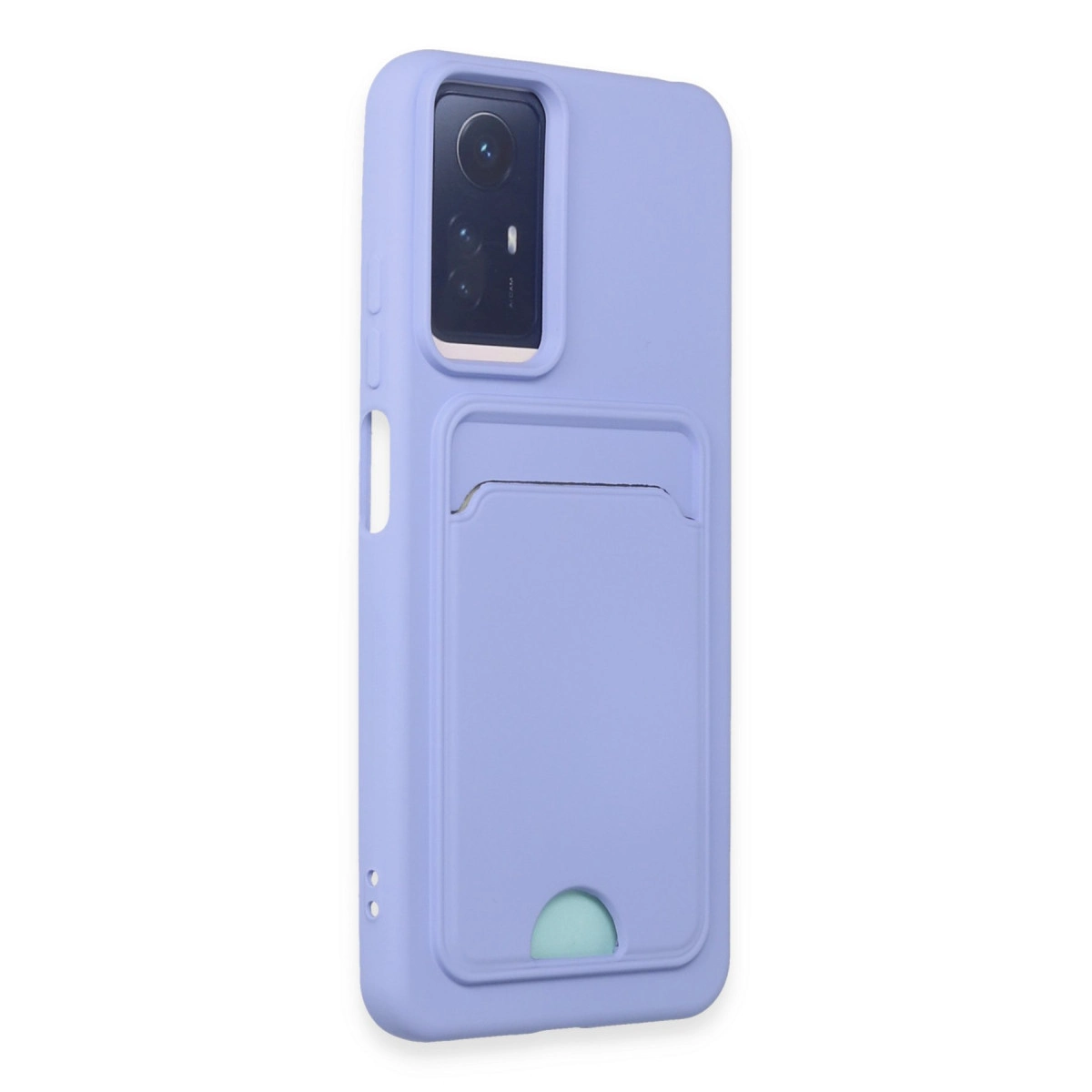 Kart yuvalı ve kamera kesimli lavanta rengi telefon kılıfı.