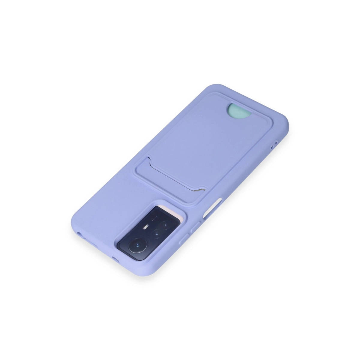 Kart yuvalı ve kamera boşluklu açık mor telefon kılıfı beyaz zeminde.