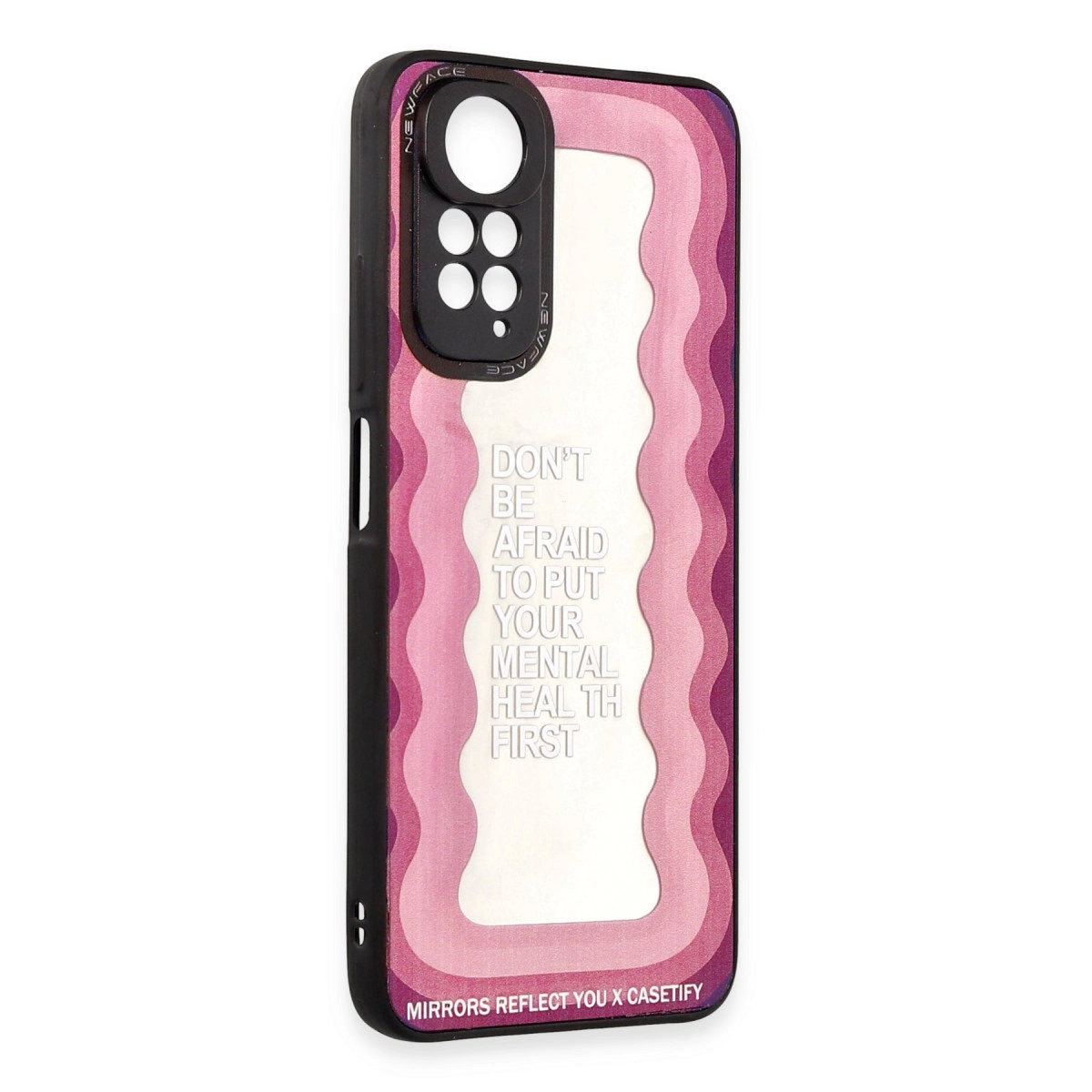 Pembe dalgalı siyah telefon kılıfı ve üzerinde 'DON'T BE AFRAID TO PUT YOUR MENTAL HEALTH FIRST' yazısı.