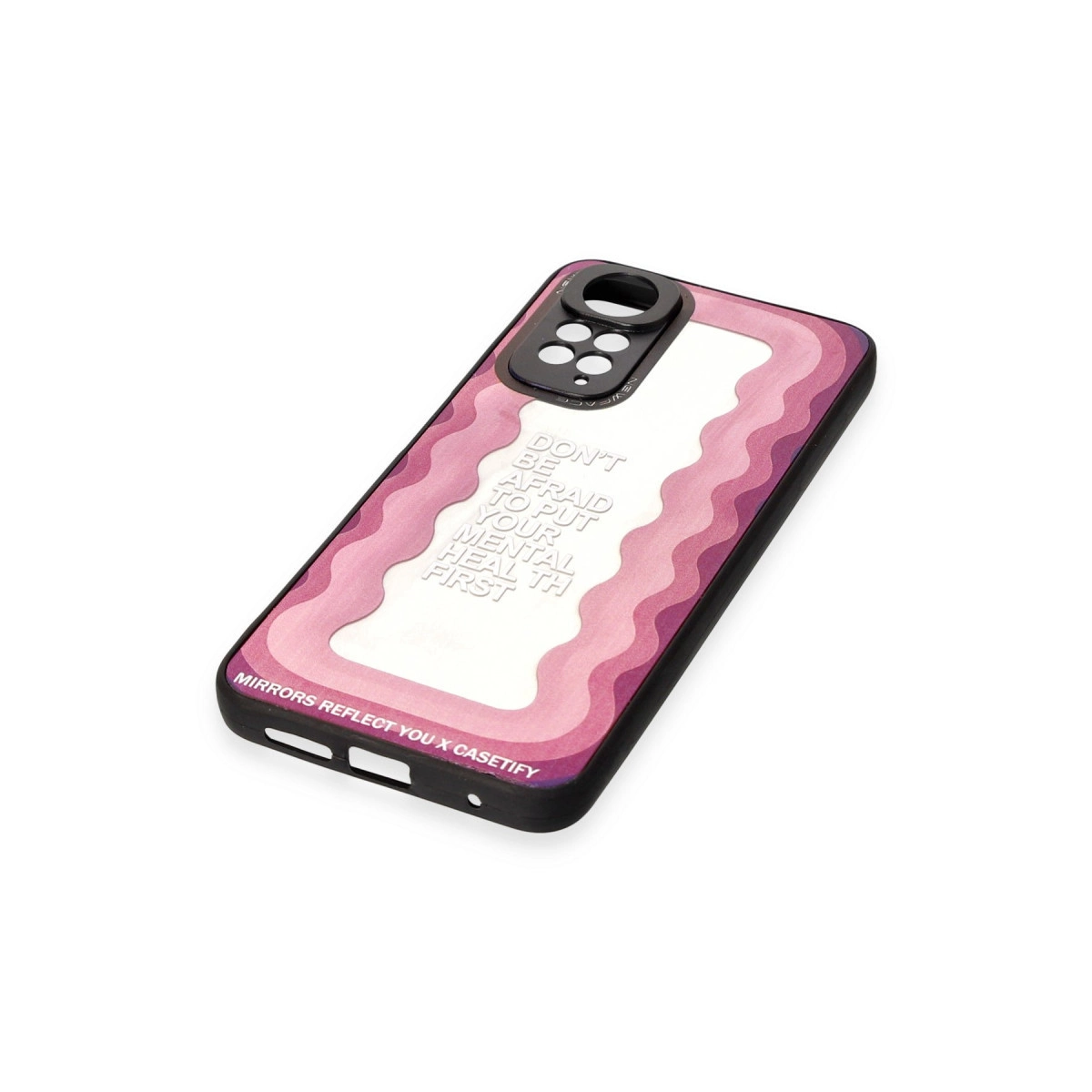 Pembe dalgalı desenli telefon kılıfı ve Metin: Mental Health First.