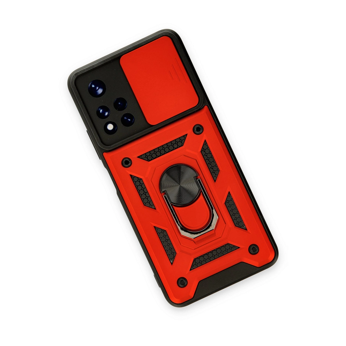 Siyah halka tutuculu ve kamera kapaklı kırmızı telefon kılıfı.